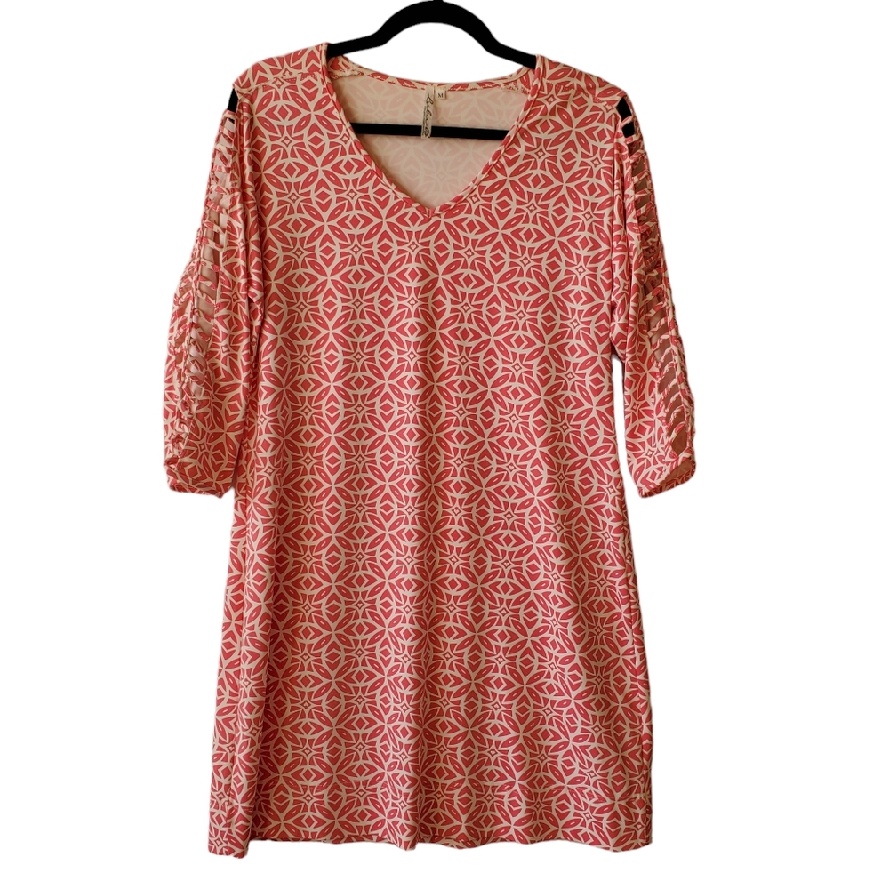 Lulu B Dress Women Medium Pink White Beachy Vneck Lattice Long Sleeves Stretch M